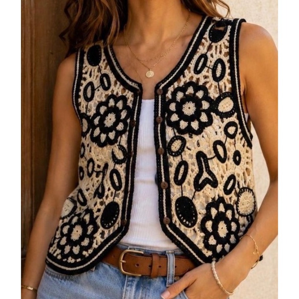 Boho Crochet Floral Vest Black Cream Button Front Knit Sleeveless Top
